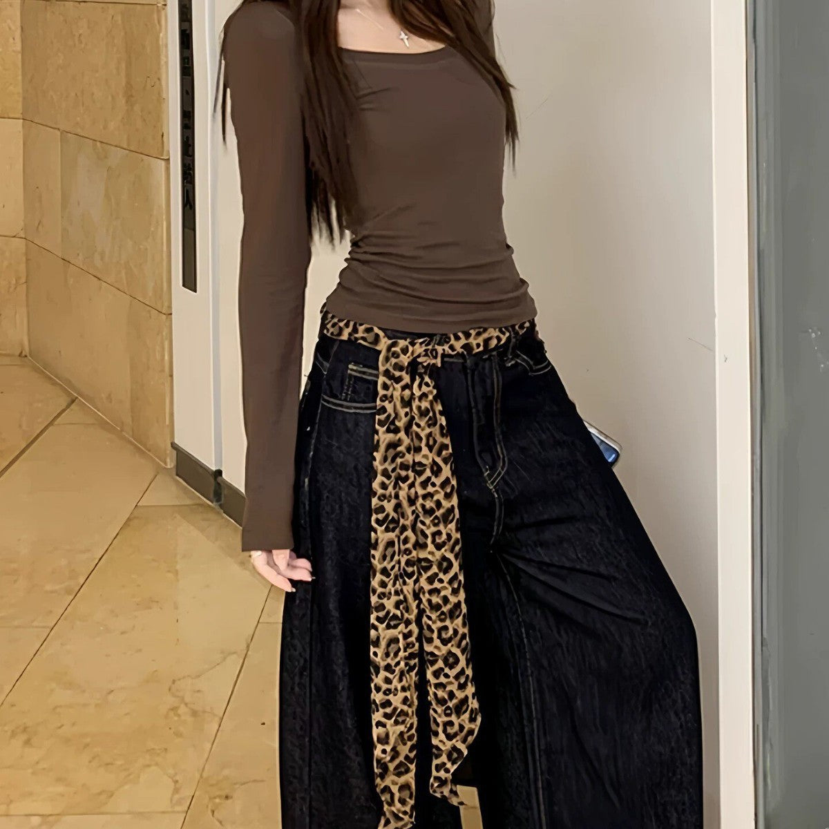 Retro Leopard Print Waist Chain Belt For Women In Coffer Cotton Material