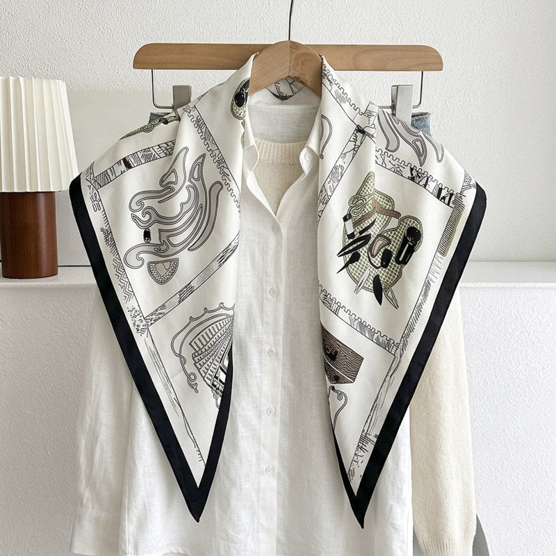 Stripe Triangle Scarf For Women In Ethnic Style, Made Of Polyester, White Color, Perfect For Autumn