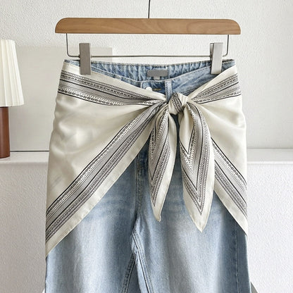 Stripe Triangle Scarf For Women In Ethnic Style, Made Of Polyester, White Color, Perfect For Autumn