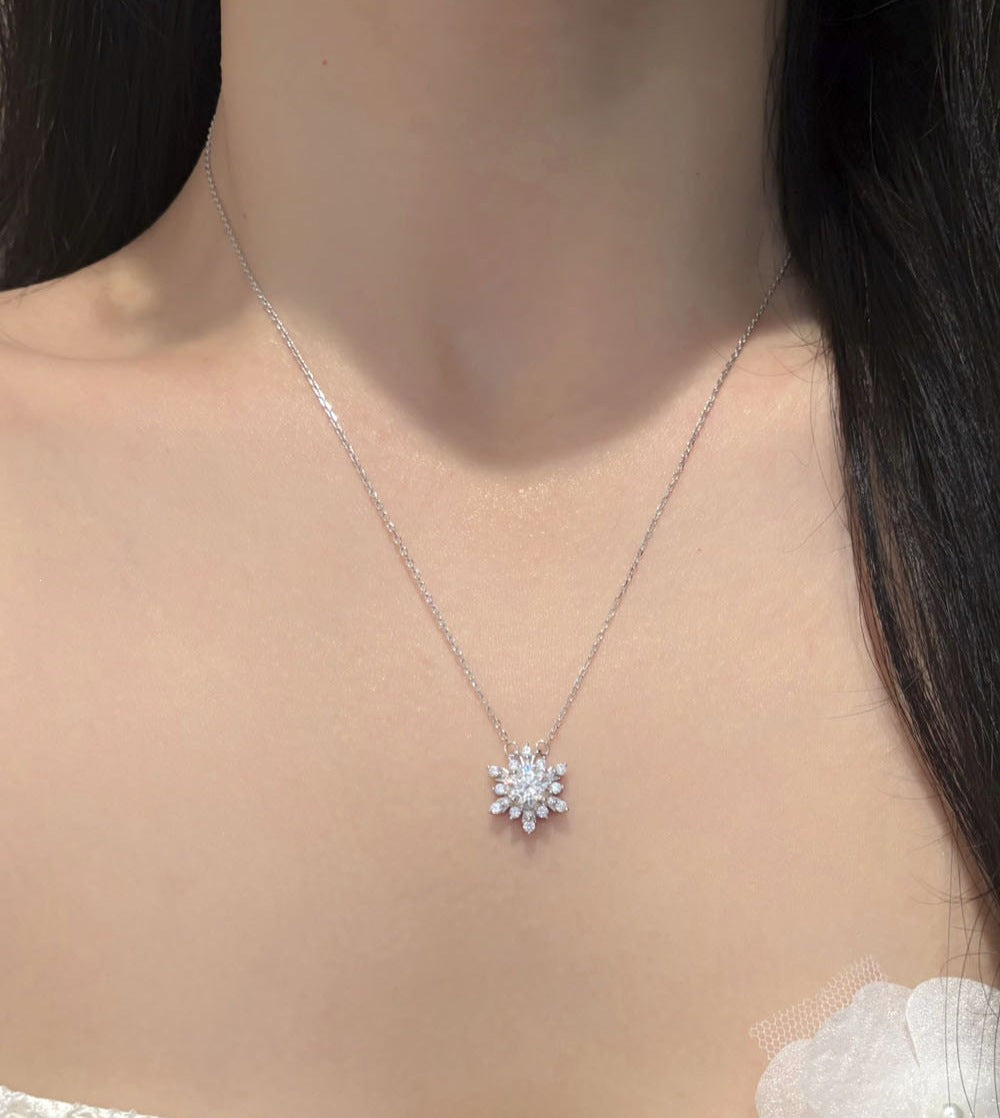 Snowflake Pendant In 925 Sterling Silver With Moissanite Inlay And 925 Sterling Silver Chain