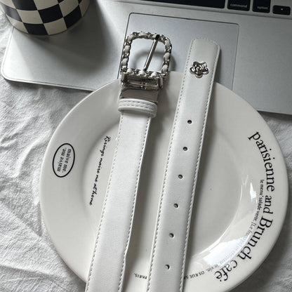 Commute Style PU Leather Belt With Braided Surface Finish Featuring Alloy Pin Buckle And Floral Pattern