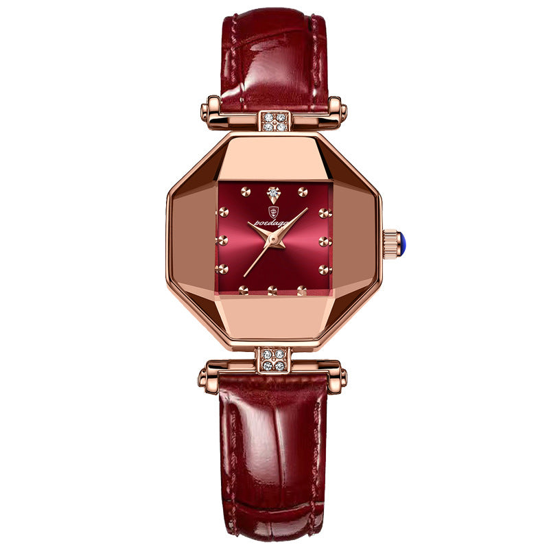 Women’s Quartz Watch With Rhombus Dial Featuring Tempered Glass And Genuine Leather Strap With Pin Buckle