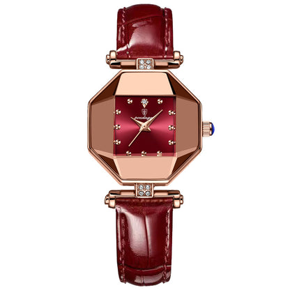 Women’s Quartz Watch With Rhombus Dial Featuring Tempered Glass And Genuine Leather Strap With Pin Buckle