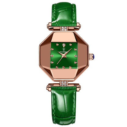 Women’s Quartz Watch With Rhombus Dial Featuring Tempered Glass And Genuine Leather Strap With Pin Buckle