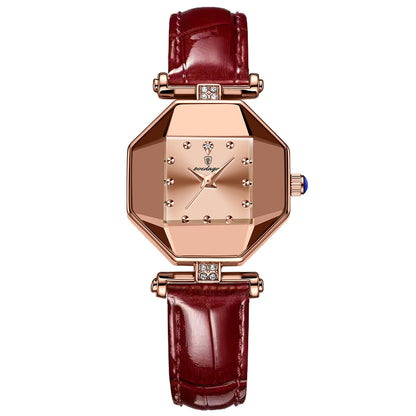 Women’s Quartz Watch With Rhombus Dial Featuring Tempered Glass And Genuine Leather Strap With Pin Buckle