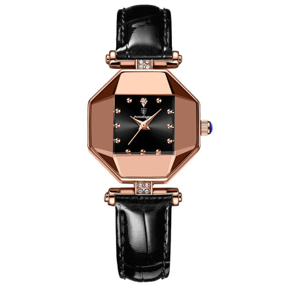 Women’s Quartz Watch With Rhombus Dial Featuring Tempered Glass And Genuine Leather Strap With Pin Buckle