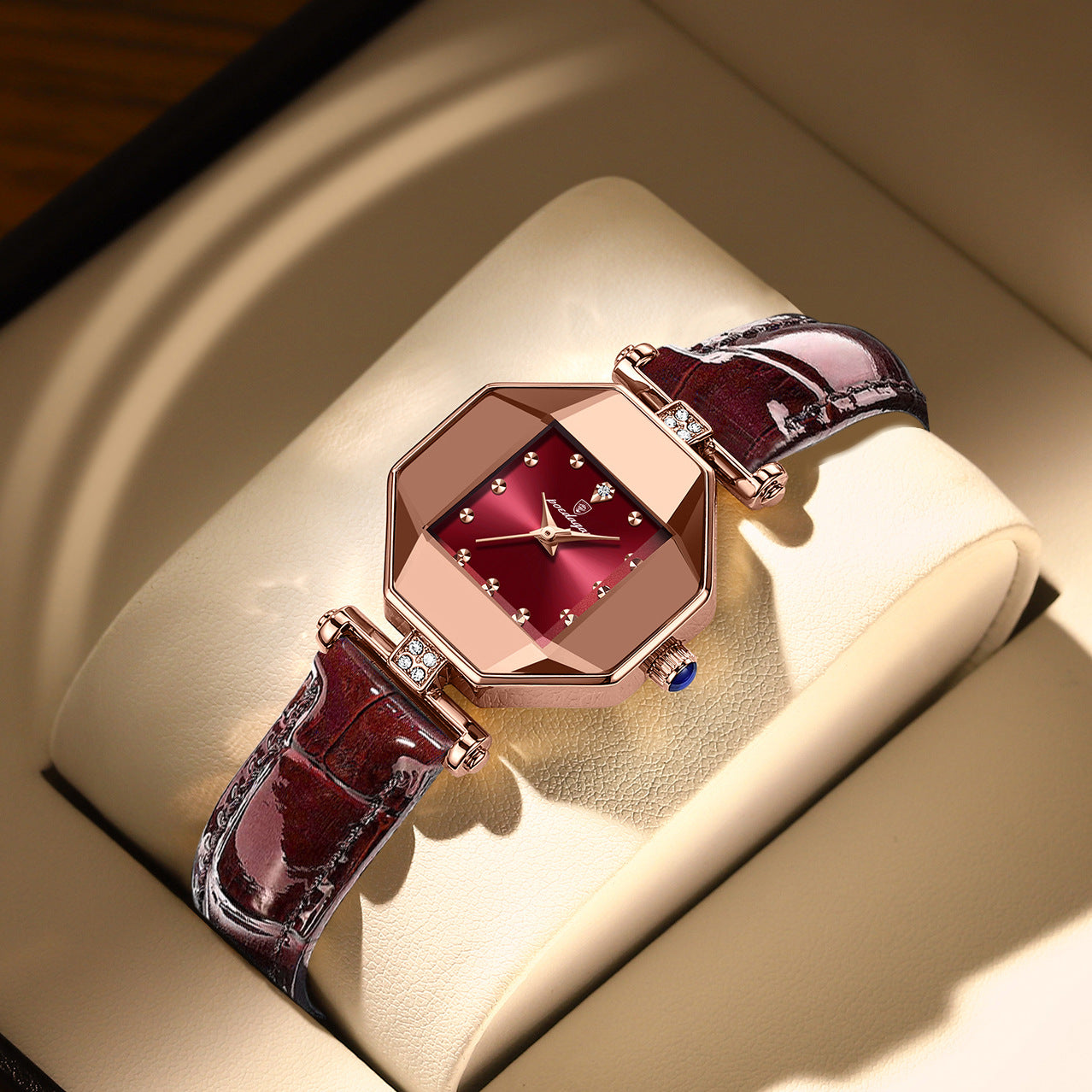 Women’s Quartz Watch With Rhombus Dial Featuring Tempered Glass And Genuine Leather Strap With Pin Buckle