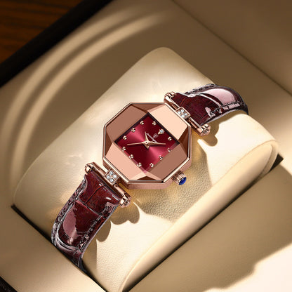Women’s Quartz Watch With Rhombus Dial Featuring Tempered Glass And Genuine Leather Strap With Pin Buckle