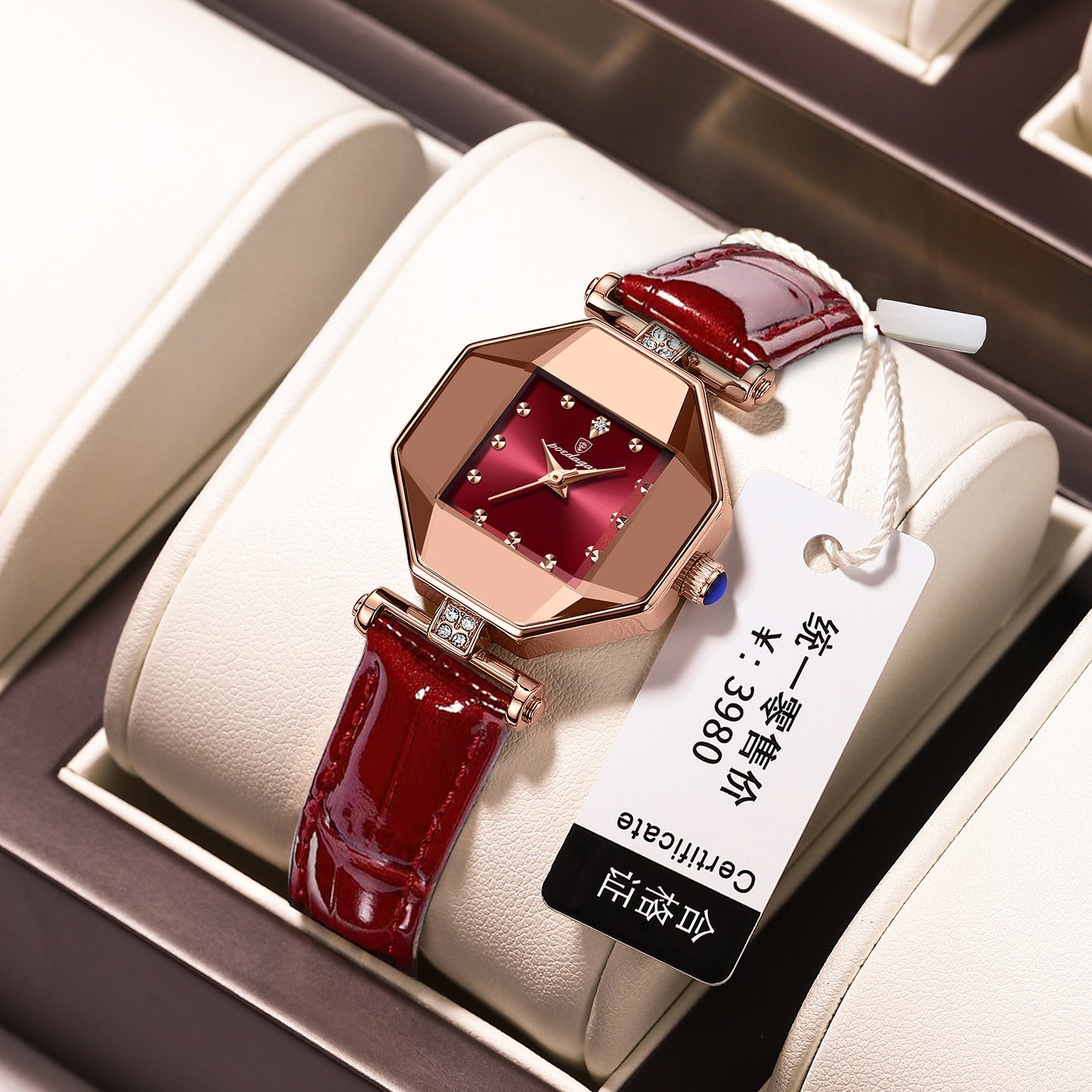 Women’s Quartz Watch With Rhombus Dial Featuring Tempered Glass And Genuine Leather Strap With Pin Buckle