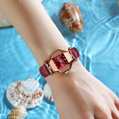 Women’s Quartz Watch With Rhombus Dial Featuring Tempered Glass And Genuine Leather Strap With Pin Buckle