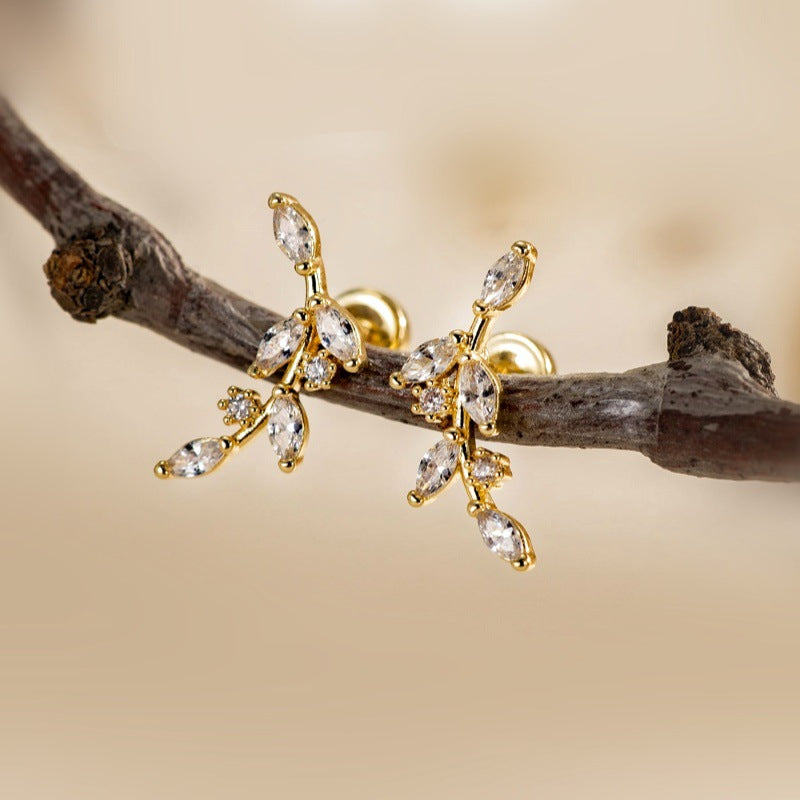 Leaves Ear Cartilage Rings & Studs For Unisex, Real Gold Plated Copper With Zircon Inlay, Stylish Stud Earrings