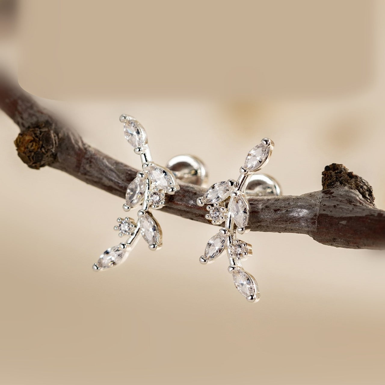Leaves Ear Cartilage Rings & Studs For Unisex, Real Gold Plated Copper With Zircon Inlay, Stylish Stud Earrings