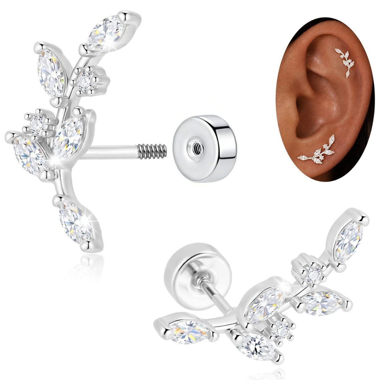 Leaves Ear Cartilage Rings & Studs For Unisex, Real Gold Plated Copper With Zircon Inlay, Stylish Stud Earrings