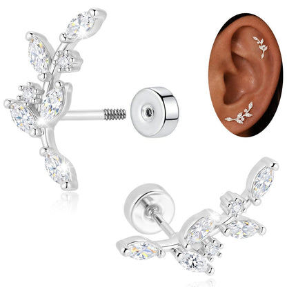 Leaves Ear Cartilage Rings & Studs For Unisex, Real Gold Plated Copper With Zircon Inlay, Stylish Stud Earrings