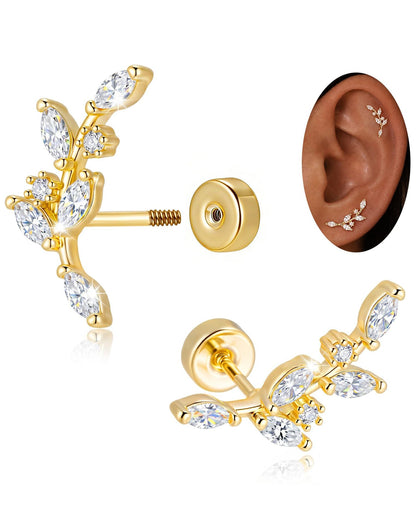 Leaves Ear Cartilage Rings & Studs For Unisex, Real Gold Plated Copper With Zircon Inlay, Stylish Stud Earrings