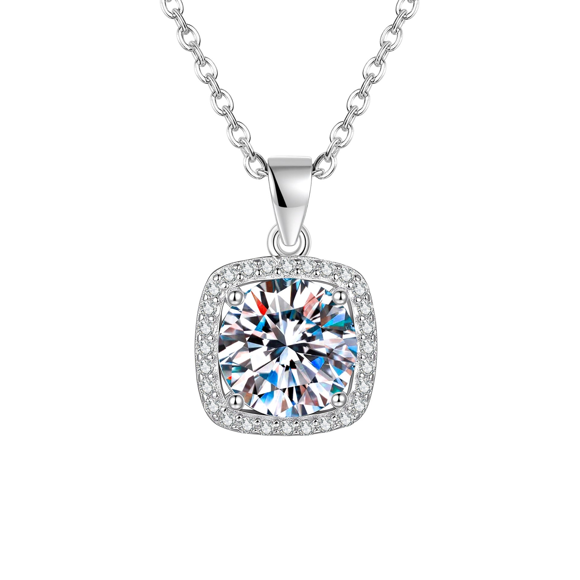 Square 925 Sterling Silver Pendant With Moissanite Inlay, Simple Style Chain For Women