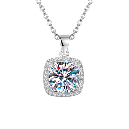 Square 925 Sterling Silver Pendant With Moissanite Inlay, Simple Style Chain For Women