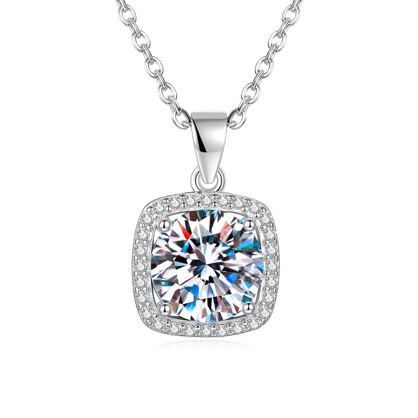 Square 925 Sterling Silver Pendant With Moissanite Inlay, Simple Style Chain For Women