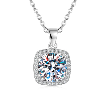 Square 925 Sterling Silver Pendant With Moissanite Inlay, Simple Style Chain For Women