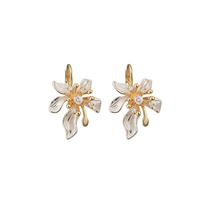 Simple Style Flowers Earrings For Women In Alloy With Zircon Inlay, Electroplated Finish And 304 Stainless Steel Ear Pins