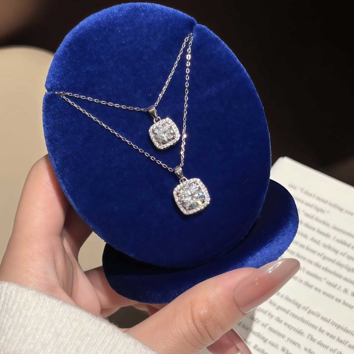 Square 925 Sterling Silver Pendant With Moissanite Inlay, Simple Style Chain For Women