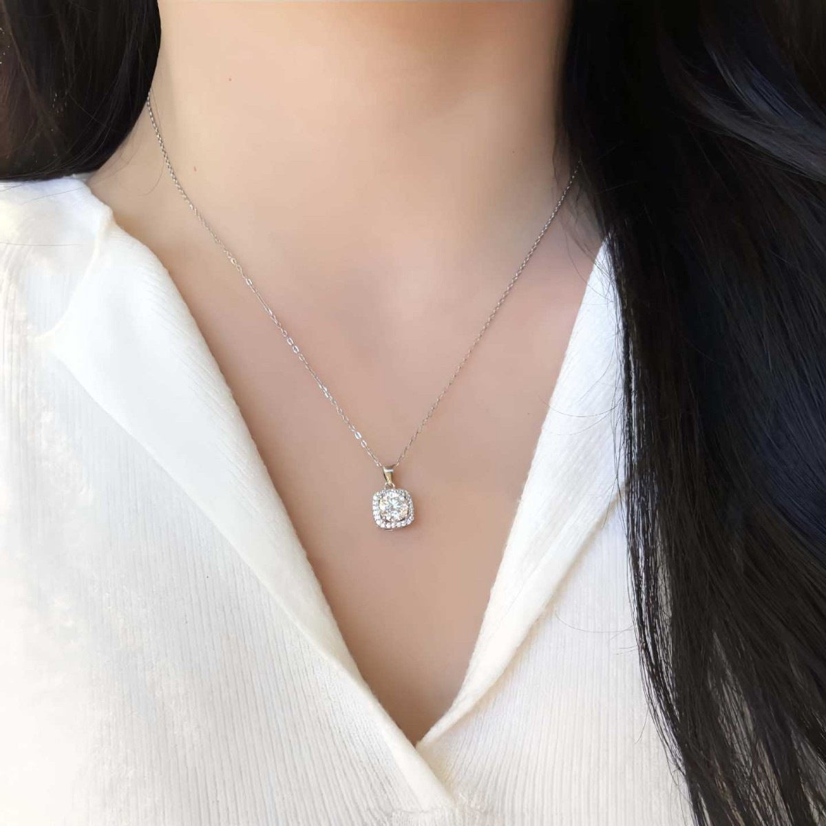 Square 925 Sterling Silver Pendant With Moissanite Inlay, Simple Style Chain For Women