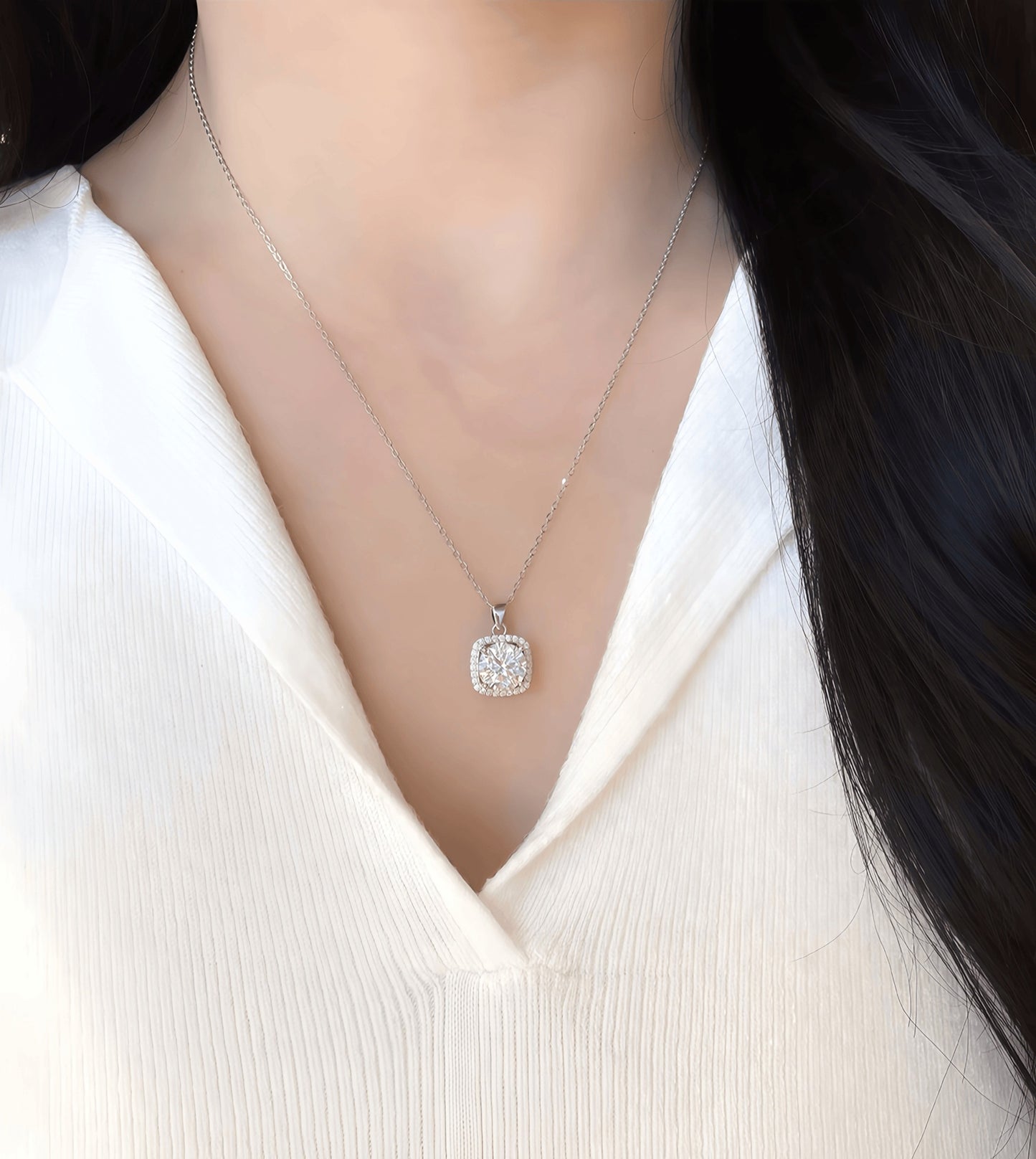 Square 925 Sterling Silver Pendant With Moissanite Inlay, Simple Style Chain For Women