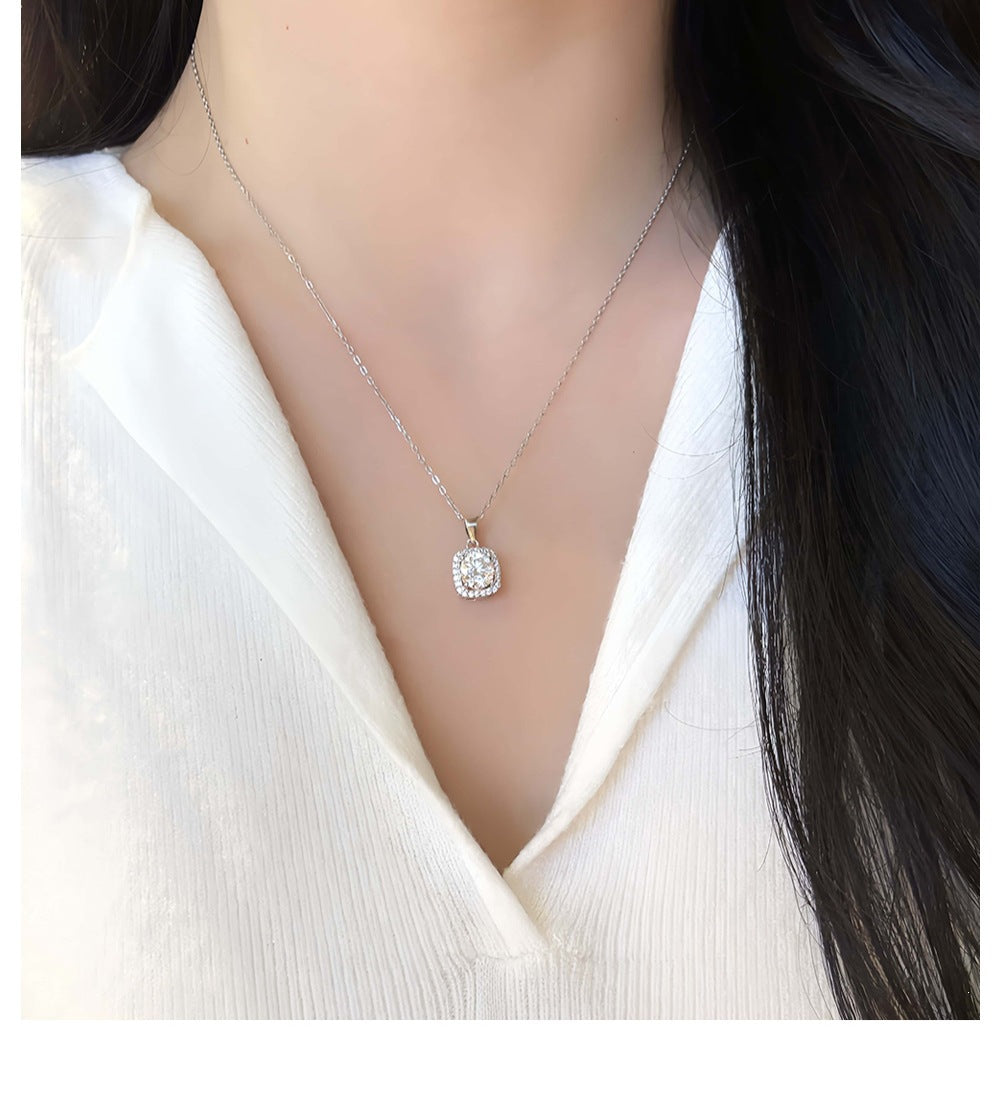 Square 925 Sterling Silver Pendant With Moissanite Inlay, Simple Style Chain For Women