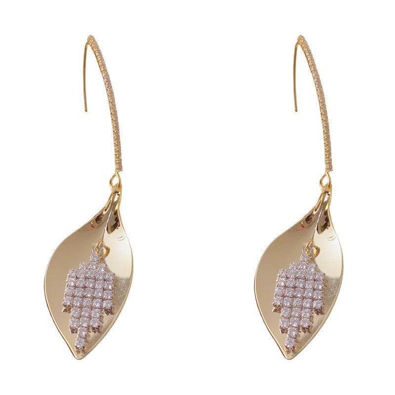 Leaves Tassel Drop Earrings For Women In Copper With Real Gold Plated Finish And Zircon Inlay