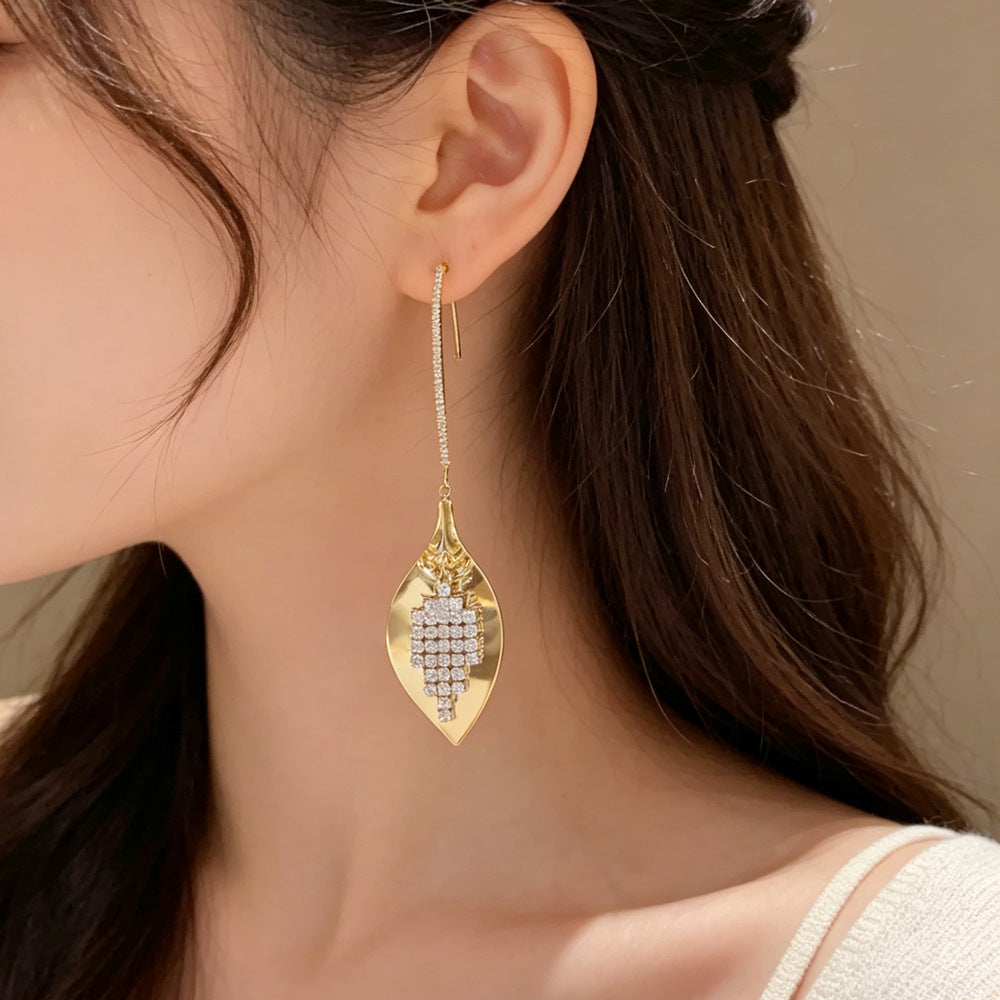 Leaves Tassel Drop Earrings For Women In Copper With Real Gold Plated Finish And Zircon Inlay