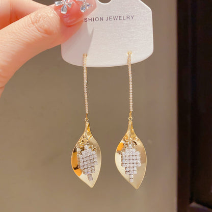 Leaves Tassel Drop Earrings For Women In Copper With Real Gold Plated Finish And Zircon Inlay