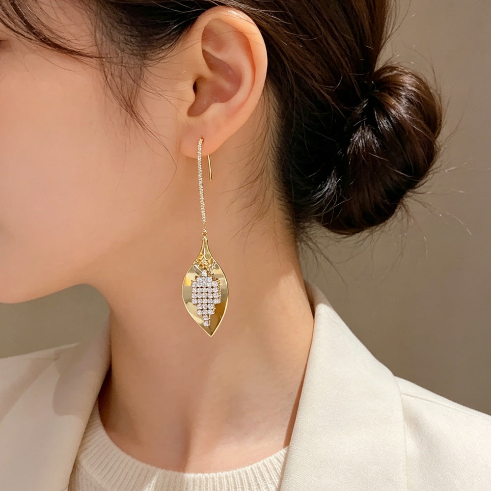 Leaves Tassel Drop Earrings For Women In Copper With Real Gold Plated Finish And Zircon Inlay
