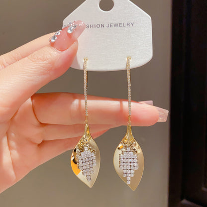 Leaves Tassel Drop Earrings For Women In Copper With Real Gold Plated Finish And Zircon Inlay