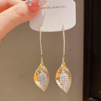 Leaves Tassel Drop Earrings For Women In Copper With Real Gold Plated Finish And Zircon Inlay