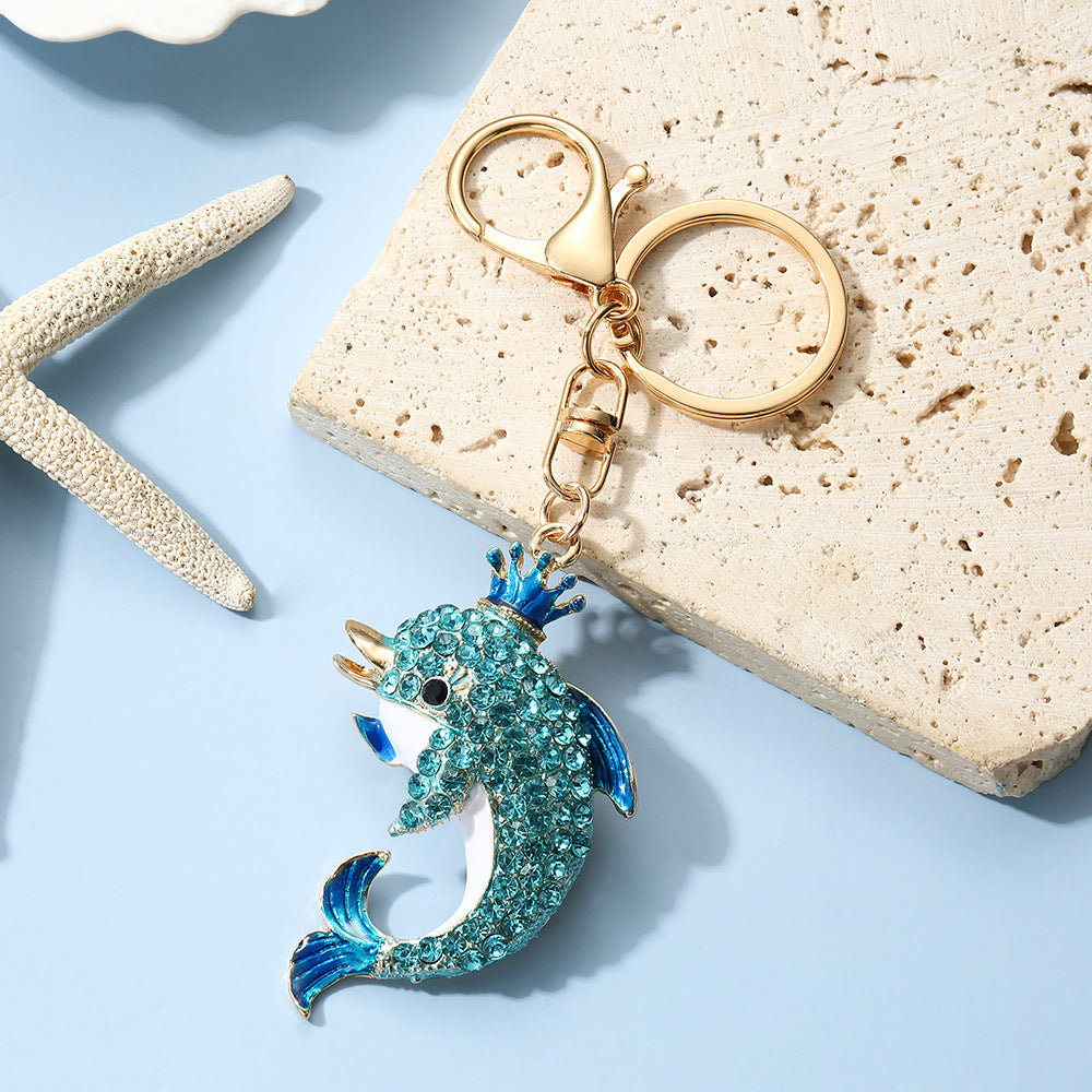 Dolphin New Year Blue Key Chain With Rhinestones In Zinc Alloy, Bag Charm Accessory