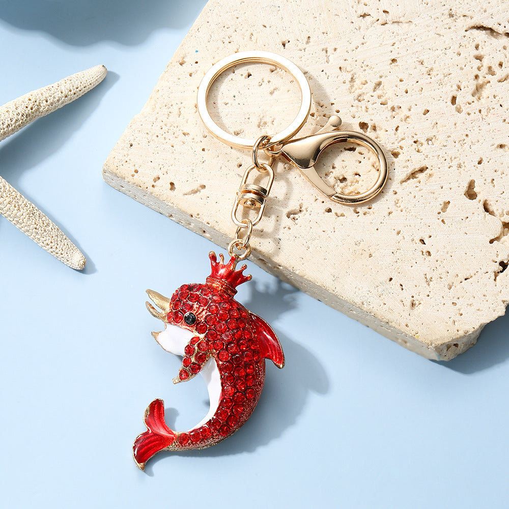 Dolphin New Year Blue Key Chain With Rhinestones In Zinc Alloy, Bag Charm Accessory