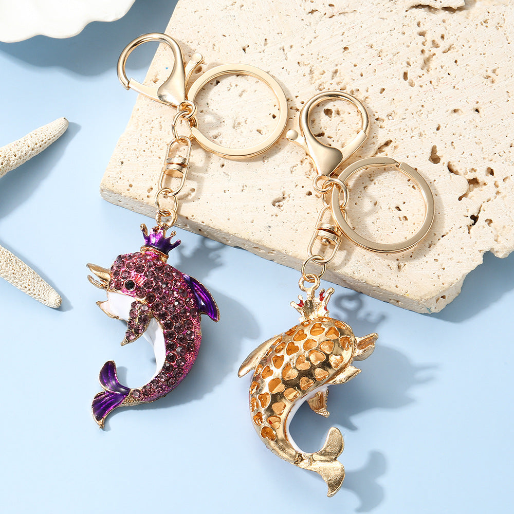 Dolphin New Year Blue Key Chain With Rhinestones In Zinc Alloy, Bag Charm Accessory