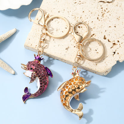 Dolphin New Year Blue Key Chain With Rhinestones In Zinc Alloy, Bag Charm Accessory