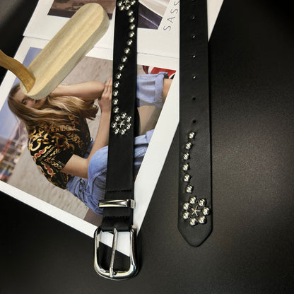 Women’s Punk Style Belt With Alloy Pin Buckle, Made Of Dyed Black PU Leather