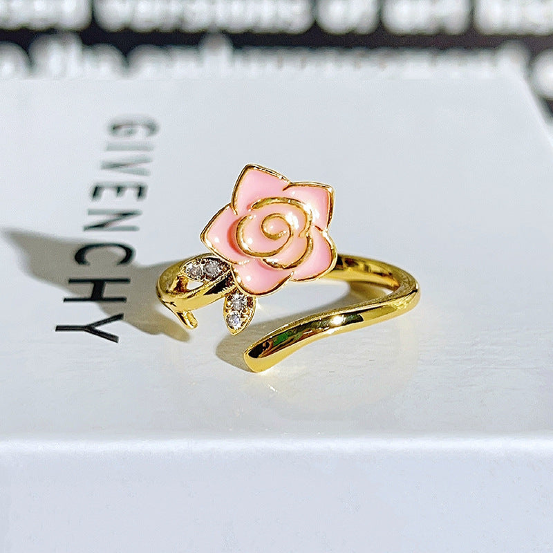 Sweet Flowers Open Rings For Women In Copper With Enamel Craft And Zircon Inlay