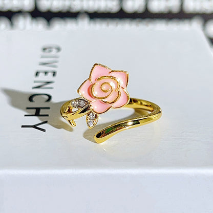 Sweet Flowers Open Rings For Women In Copper With Enamel Craft And Zircon Inlay
