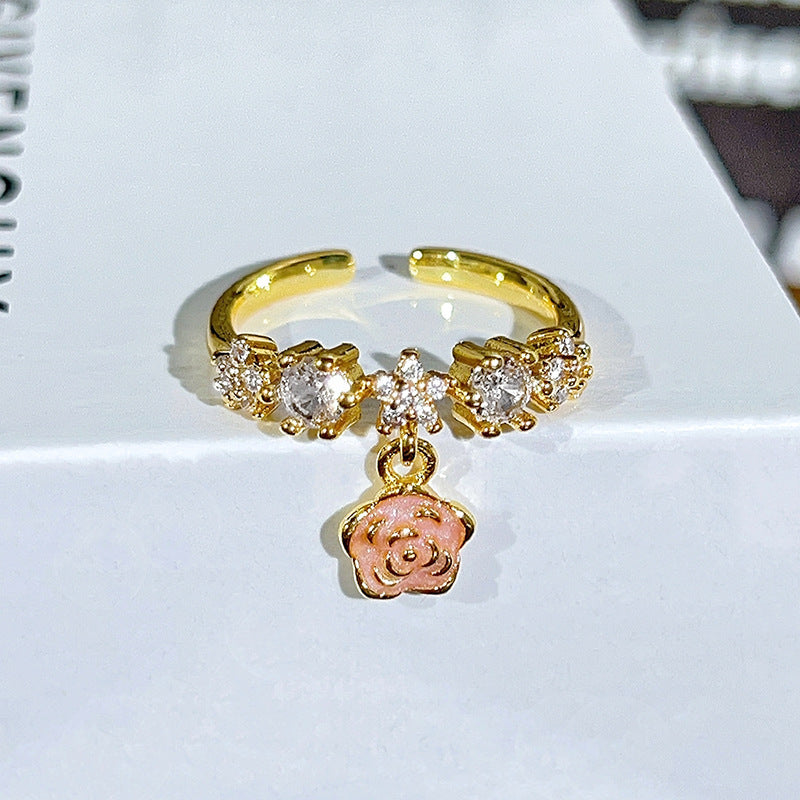 Sweet Flowers Open Rings For Women In Copper With Enamel Craft And Zircon Inlay