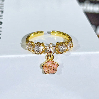 Sweet Flowers Open Rings For Women In Copper With Enamel Craft And Zircon Inlay