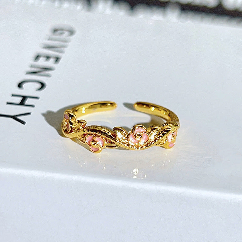 Sweet Flowers Open Rings For Women In Copper With Enamel Craft And Zircon Inlay