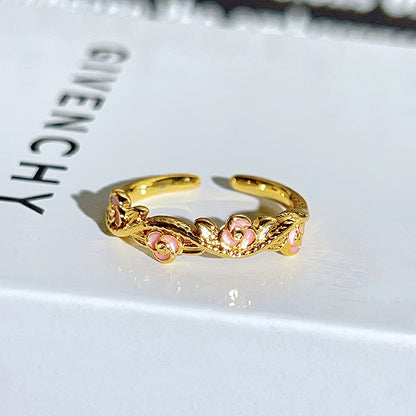 Sweet Flowers Open Rings For Women In Copper With Enamel Craft And Zircon Inlay