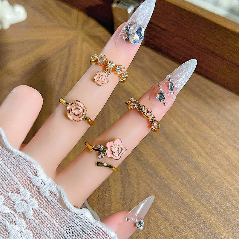 Sweet Flowers Open Rings For Women In Copper With Enamel Craft And Zircon Inlay