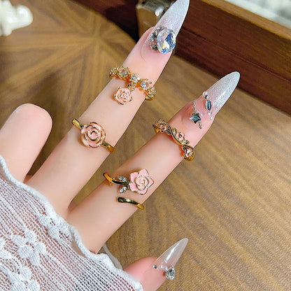 Sweet Flowers Open Rings For Women In Copper With Enamel Craft And Zircon Inlay