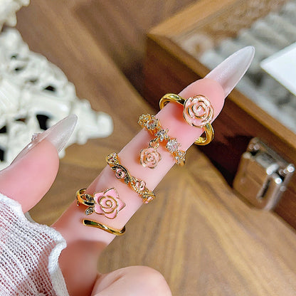 Sweet Flowers Open Rings For Women In Copper With Enamel Craft And Zircon Inlay