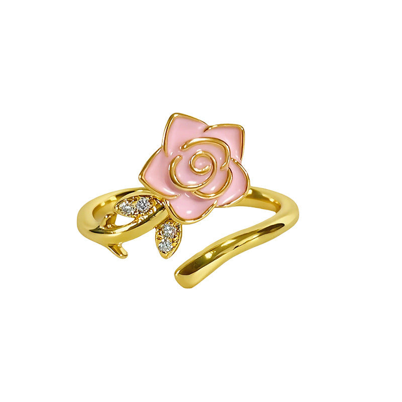 Sweet Flowers Open Rings For Women In Copper With Enamel Craft And Zircon Inlay