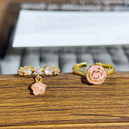 Sweet Flowers Open Rings For Women In Copper With Enamel Craft And Zircon Inlay